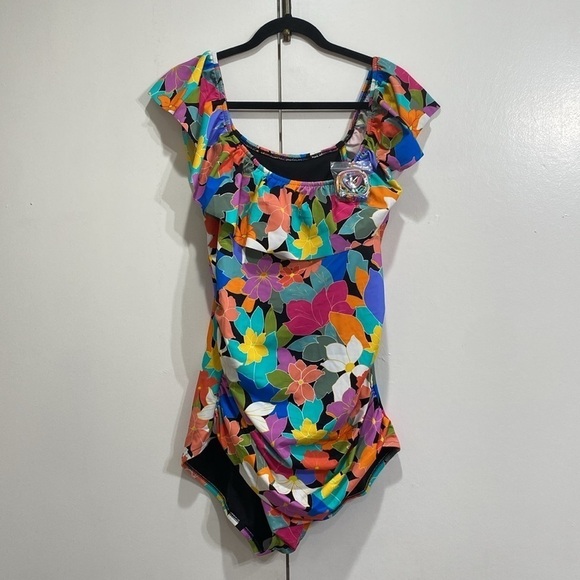 Swim Solutions Floral Off The Shoulder Ruffle One Piece Size 20W - Picture 5 of 6